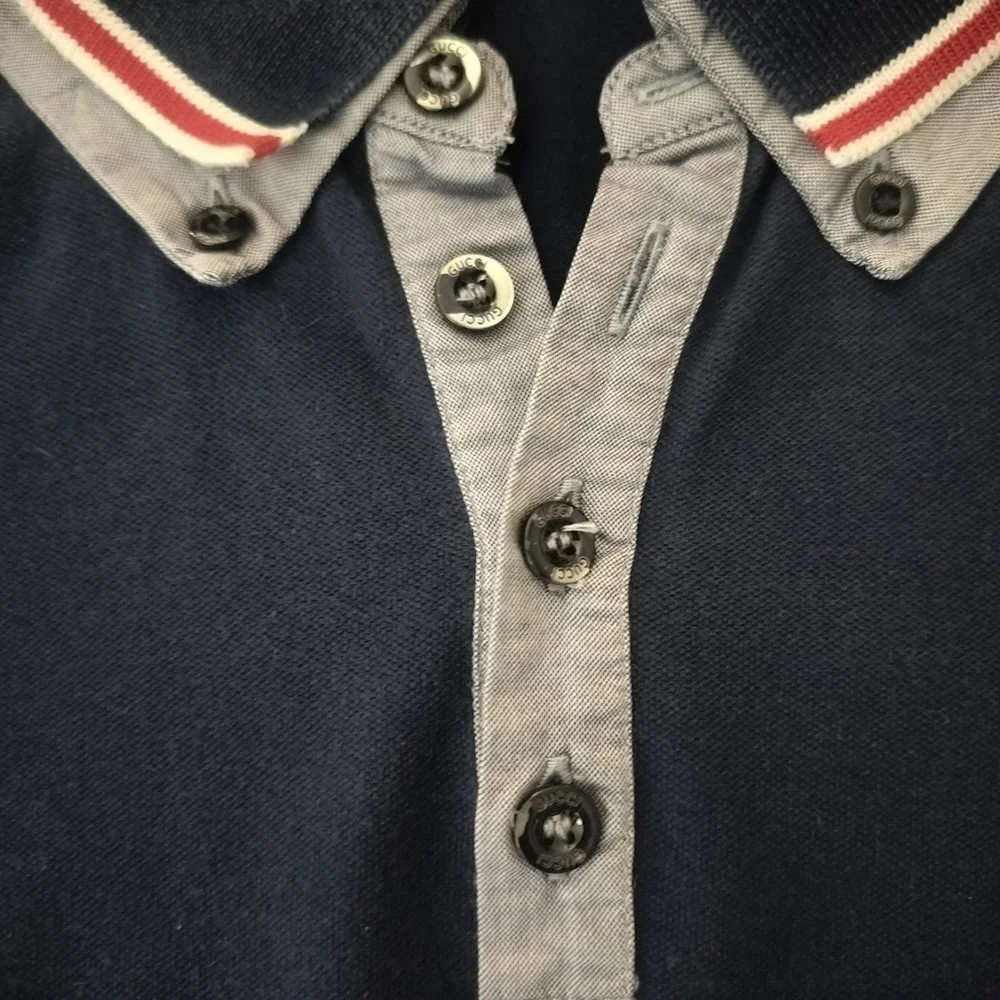 Gucci Mens Navy Blue Pique Polo Shirt Web Stripe Collar Made in Italy XS